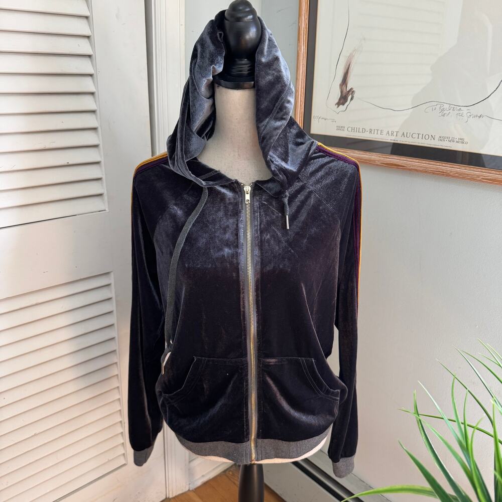 Natural Life Hoodie Womens Medium Blue Gray Velour Full Zip Stripe Atheisure